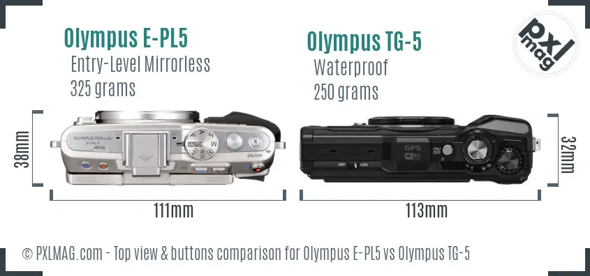 Olympus E-PL5 vs Olympus TG-5 top view buttons comparison