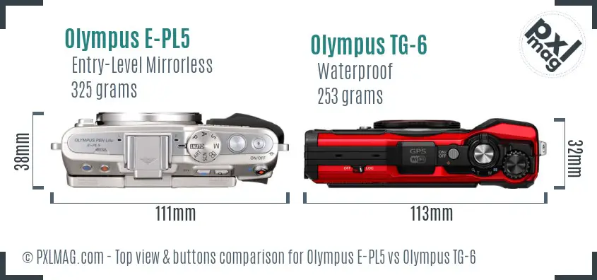 Olympus E-PL5 vs Olympus TG-6 top view buttons comparison