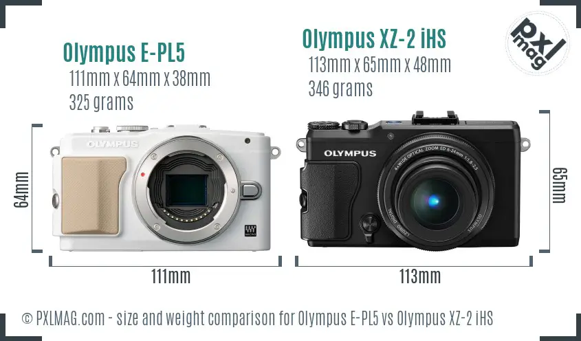 Olympus E-PL5 vs Olympus XZ-2 iHS size comparison