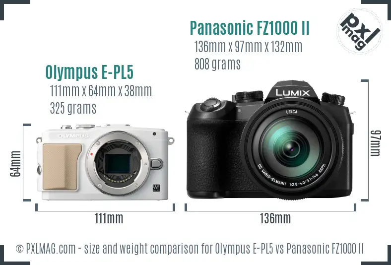 Olympus E-PL5 vs Panasonic FZ1000 II size comparison