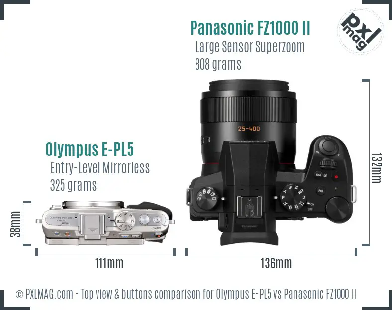 Olympus E-PL5 vs Panasonic FZ1000 II top view buttons comparison