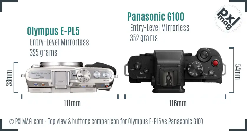 Olympus E-PL5 vs Panasonic G100 top view buttons comparison