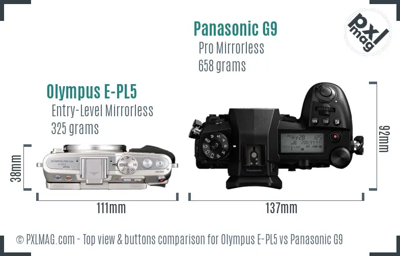 Olympus E-PL5 vs Panasonic G9 top view buttons comparison