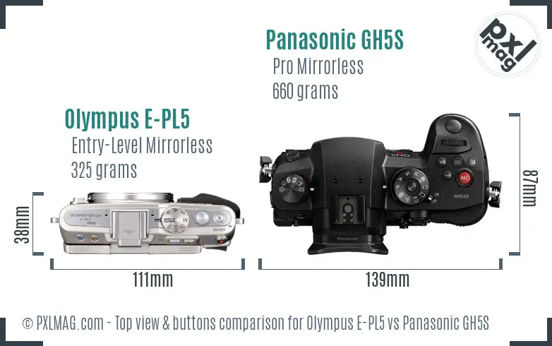 Olympus E-PL5 vs Panasonic GH5S top view buttons comparison