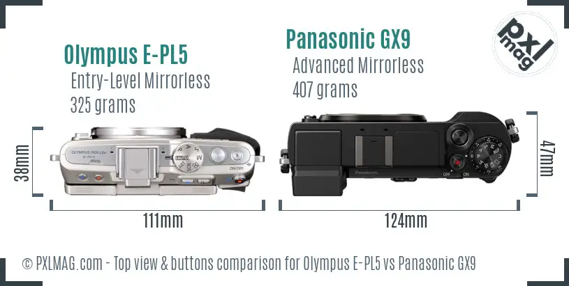Olympus E-PL5 vs Panasonic GX9 top view buttons comparison