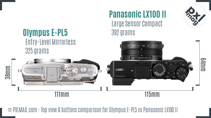 Olympus E-PL5 vs Panasonic LX100 II top view buttons comparison