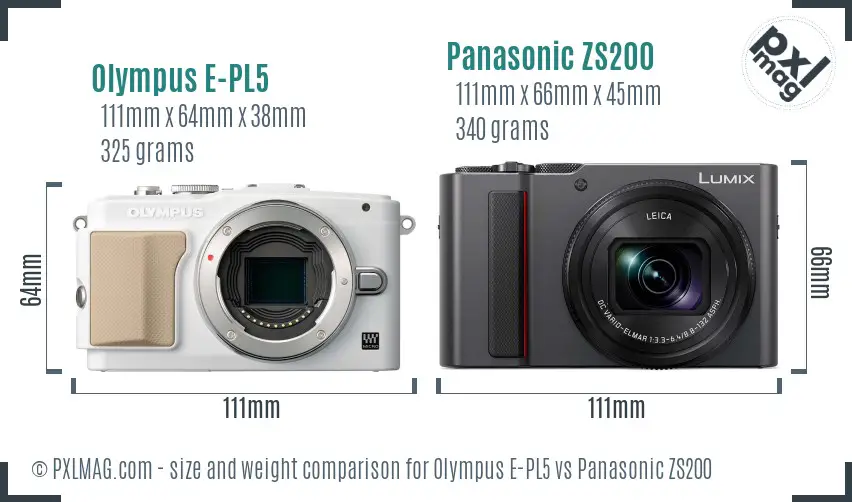 Olympus E-PL5 vs Panasonic ZS200 size comparison