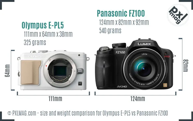 Olympus E-PL5 vs Panasonic FZ100 size comparison
