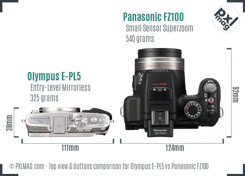 Olympus E-PL5 vs Panasonic FZ100 top view buttons comparison