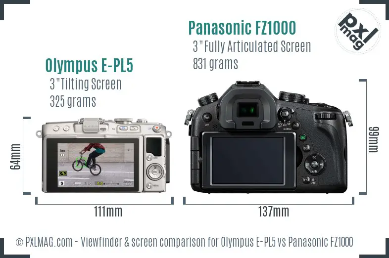 Olympus E-PL5 vs Panasonic FZ1000 Screen and Viewfinder comparison