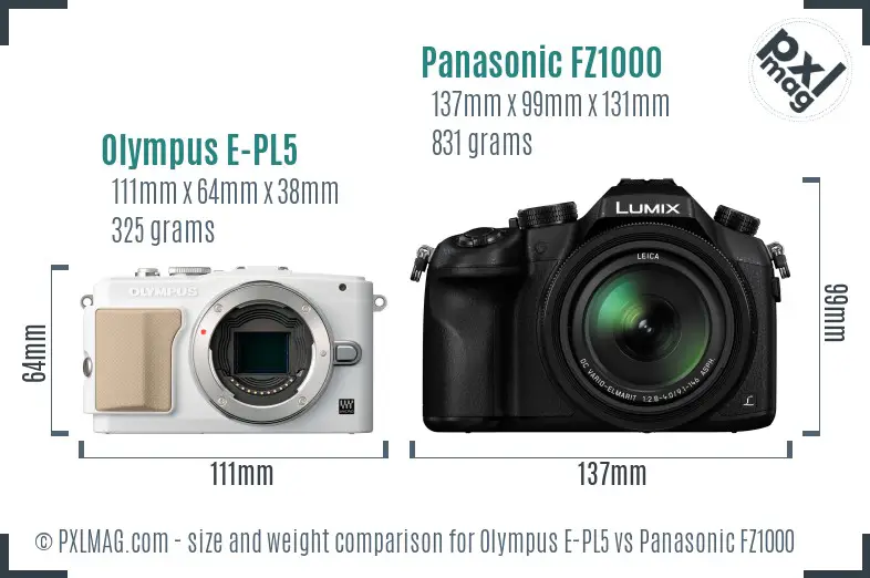 Olympus E-PL5 vs Panasonic FZ1000 size comparison