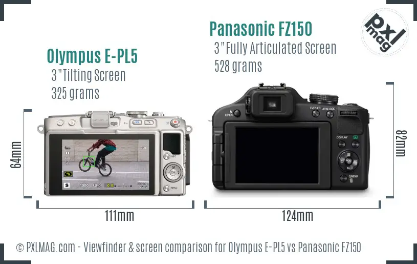 Olympus E-PL5 vs Panasonic FZ150 Screen and Viewfinder comparison