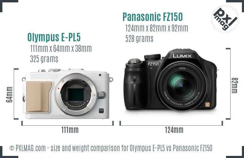 Olympus E-PL5 vs Panasonic FZ150 size comparison