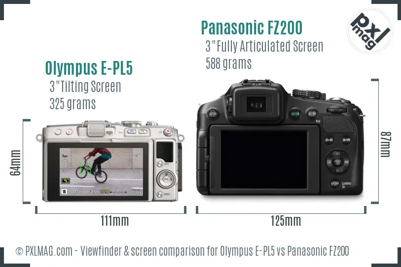 Olympus E-PL5 vs Panasonic FZ200 Screen and Viewfinder comparison