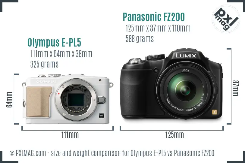 Olympus E-PL5 vs Panasonic FZ200 size comparison