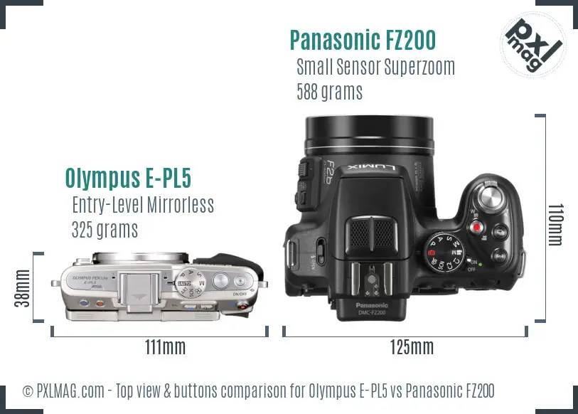 Olympus E-PL5 vs Panasonic FZ200 top view buttons comparison