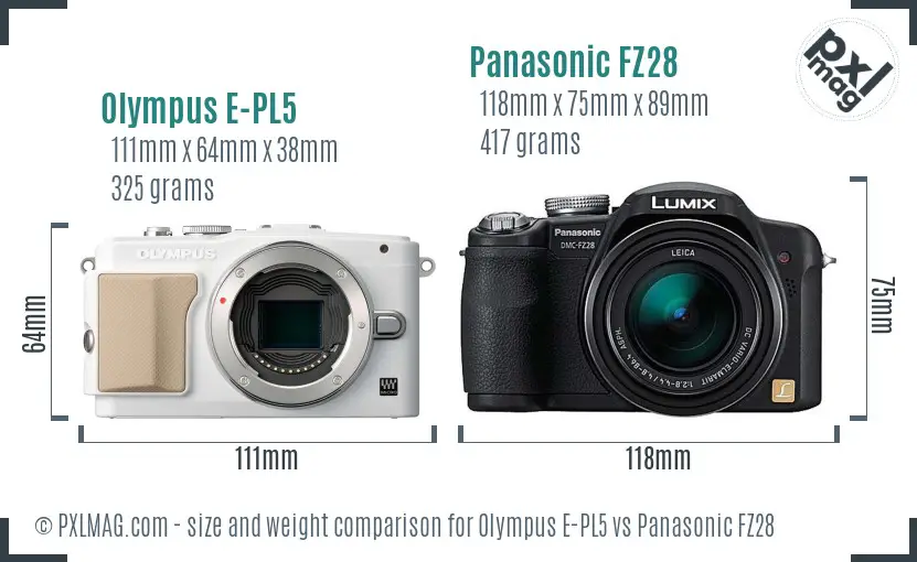 Olympus E-PL5 vs Panasonic FZ28 size comparison