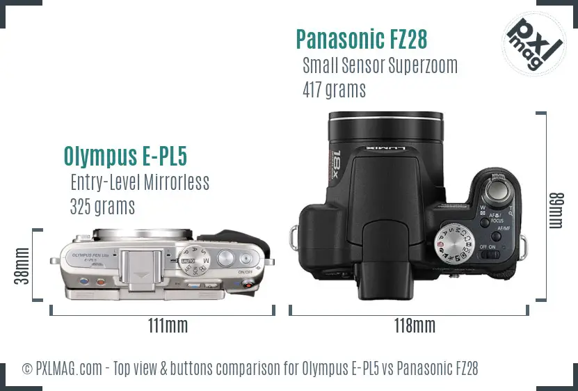 Olympus E-PL5 vs Panasonic FZ28 top view buttons comparison