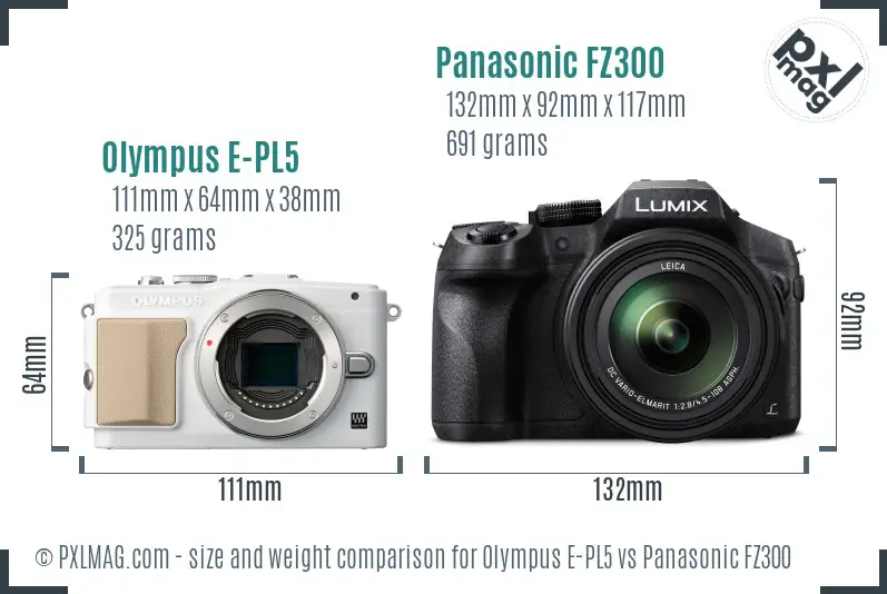 Olympus E-PL5 vs Panasonic FZ300 size comparison