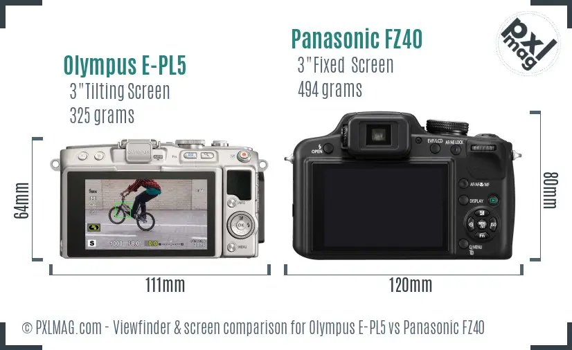 Olympus E-PL5 vs Panasonic FZ40 Screen and Viewfinder comparison