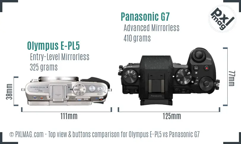 Olympus E-PL5 vs Panasonic G7 top view buttons comparison
