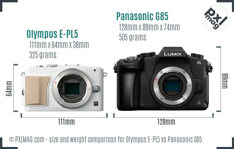 Olympus E-PL5 vs Panasonic G85 size comparison