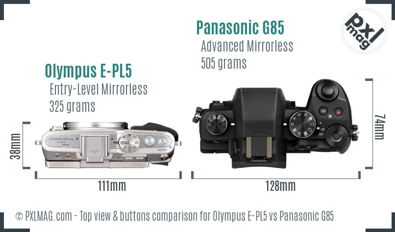 Olympus E-PL5 vs Panasonic G85 top view buttons comparison