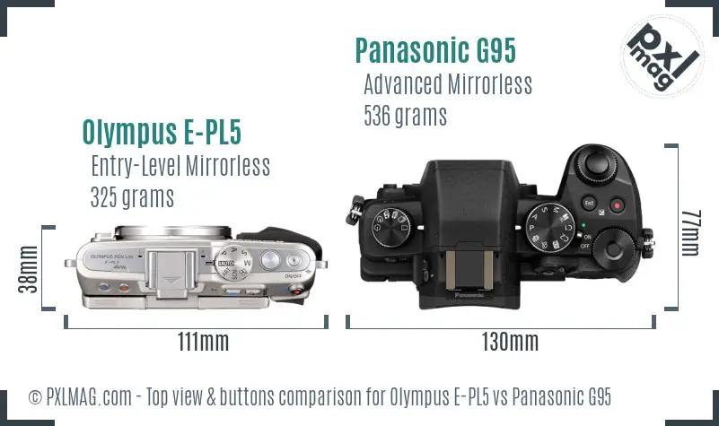 Olympus E-PL5 vs Panasonic G95 top view buttons comparison