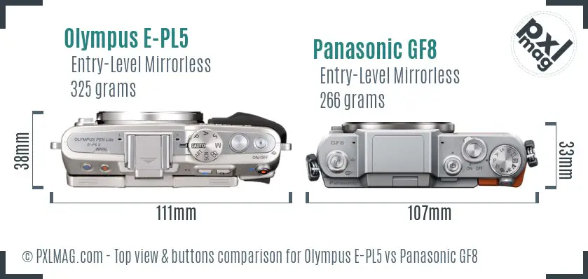 Olympus E-PL5 vs Panasonic GF8 top view buttons comparison