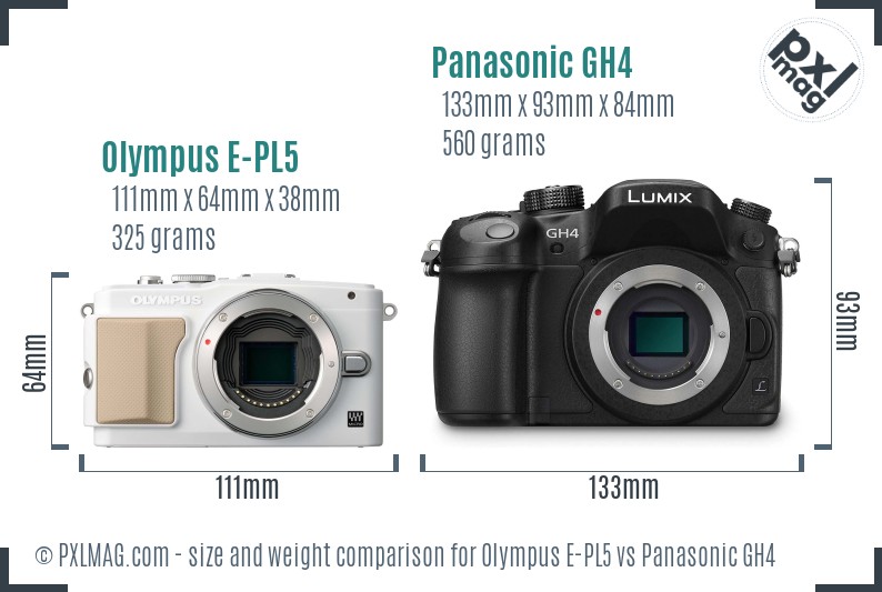 Olympus E-PL5 vs Panasonic GH4 size comparison