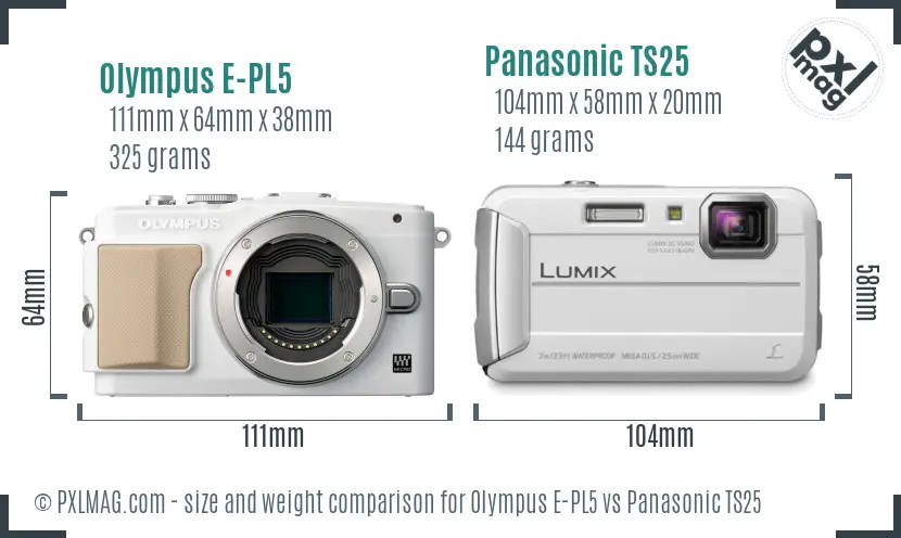 Olympus E-PL5 vs Panasonic TS25 size comparison