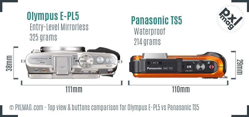 Olympus E-PL5 vs Panasonic TS5 top view buttons comparison