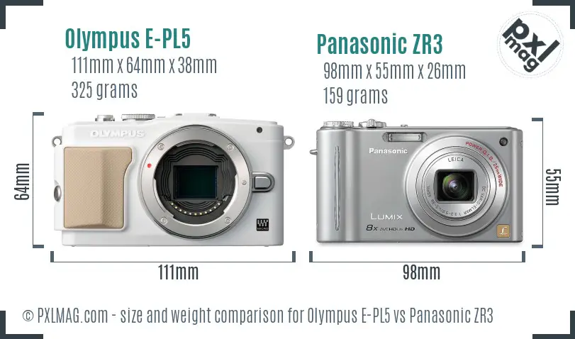 Olympus E-PL5 vs Panasonic ZR3 size comparison