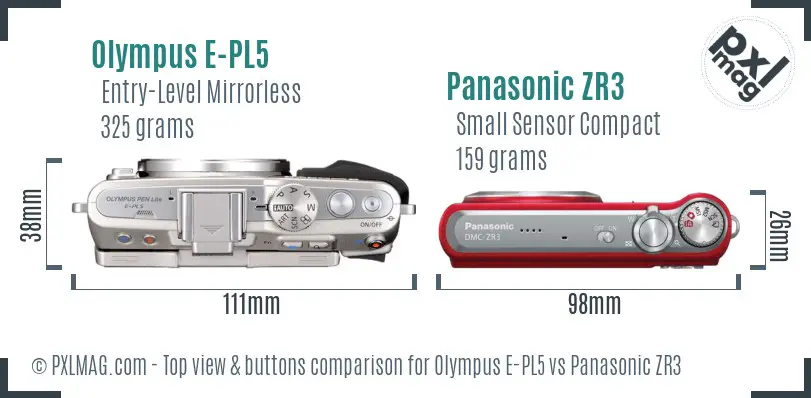 Olympus E-PL5 vs Panasonic ZR3 top view buttons comparison
