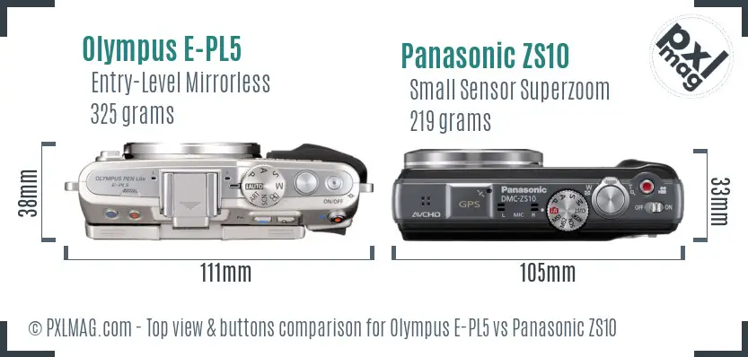 Olympus E-PL5 vs Panasonic ZS10 top view buttons comparison