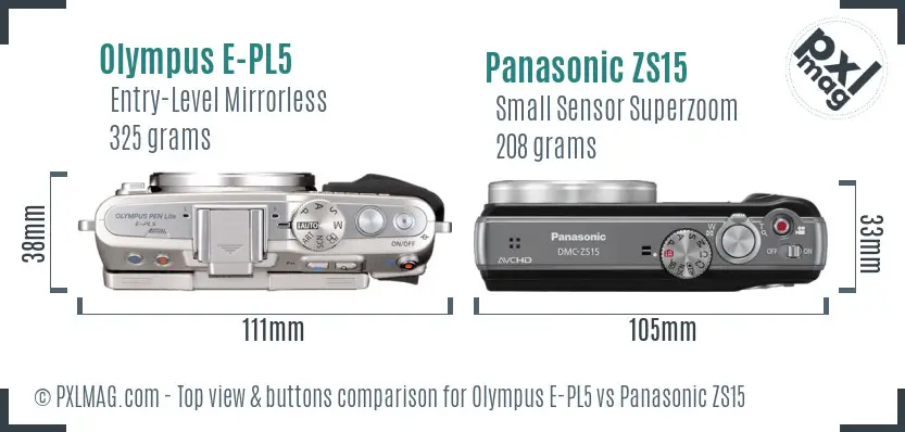 Olympus E-PL5 vs Panasonic ZS15 top view buttons comparison
