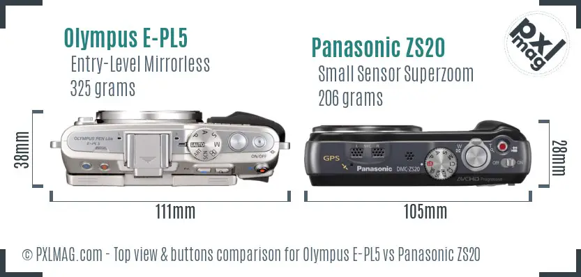 Olympus E-PL5 vs Panasonic ZS20 top view buttons comparison