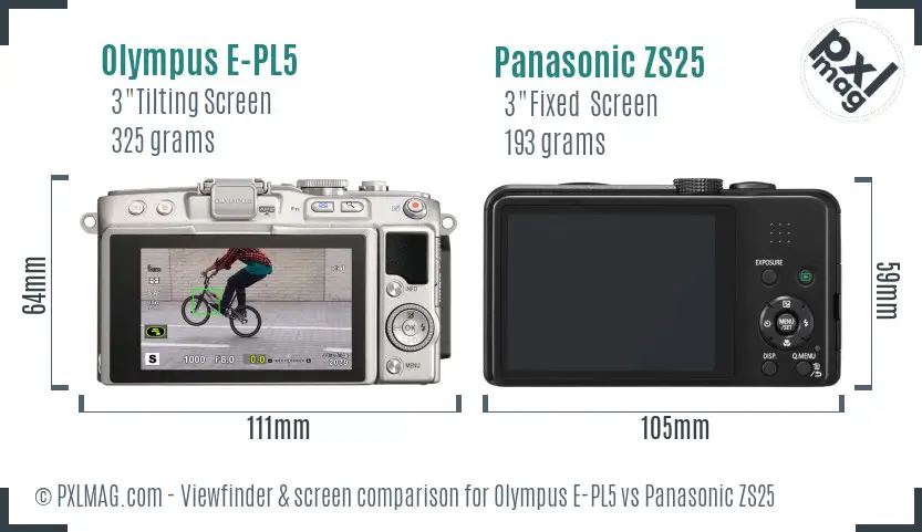 Olympus E-PL5 vs Panasonic ZS25 Screen and Viewfinder comparison