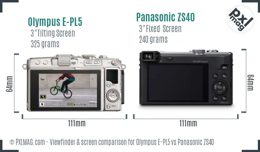 Olympus E-PL5 vs Panasonic ZS40 Screen and Viewfinder comparison