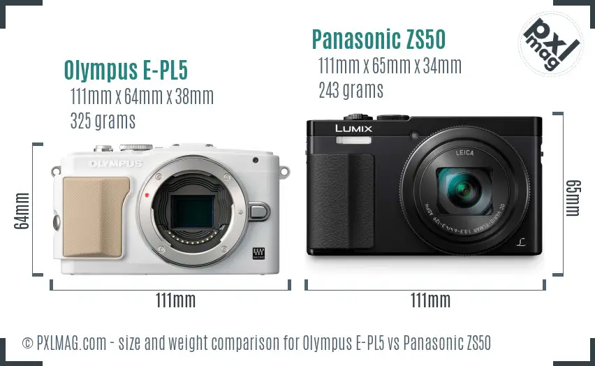 Olympus E-PL5 vs Panasonic ZS50 size comparison
