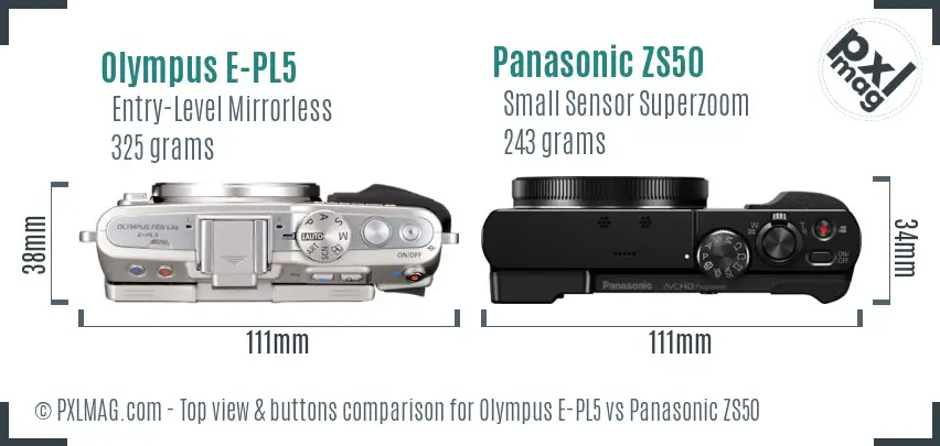 Olympus E-PL5 vs Panasonic ZS50 top view buttons comparison
