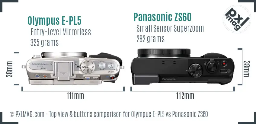 Olympus E-PL5 vs Panasonic ZS60 top view buttons comparison