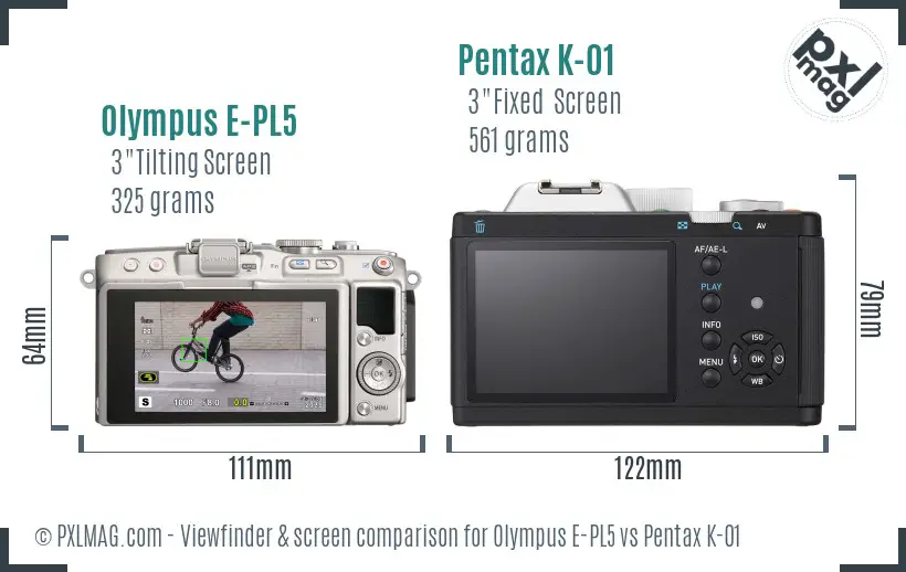 Olympus E-PL5 vs Pentax K-01 Screen and Viewfinder comparison