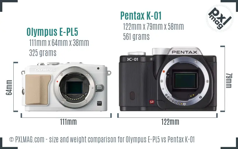 Olympus E-PL5 vs Pentax K-01 size comparison