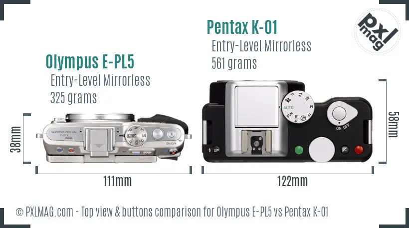 Olympus E-PL5 vs Pentax K-01 top view buttons comparison