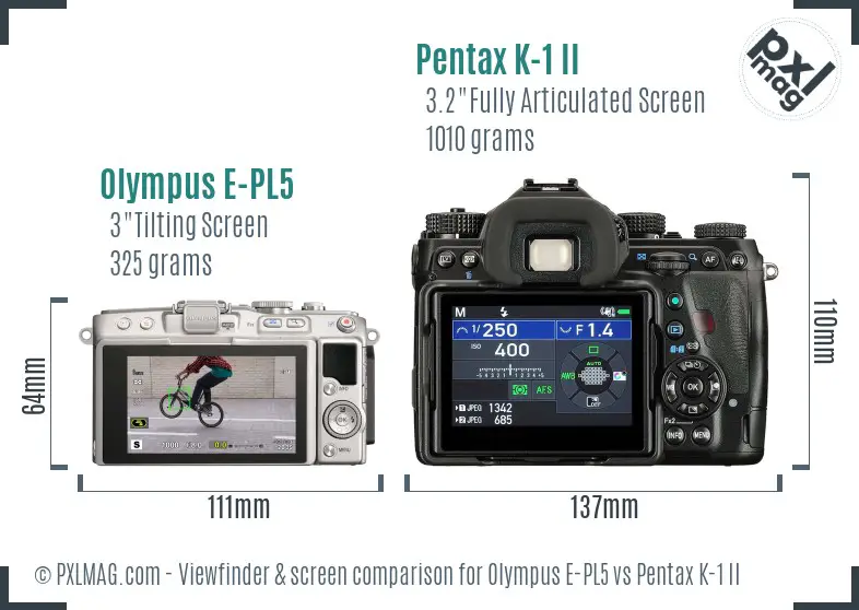 Olympus E-PL5 vs Pentax K-1 II Screen and Viewfinder comparison