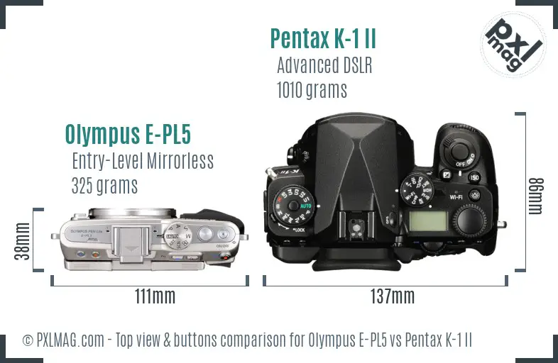 Olympus E-PL5 vs Pentax K-1 II top view buttons comparison