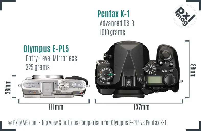 Olympus E-PL5 vs Pentax K-1 top view buttons comparison
