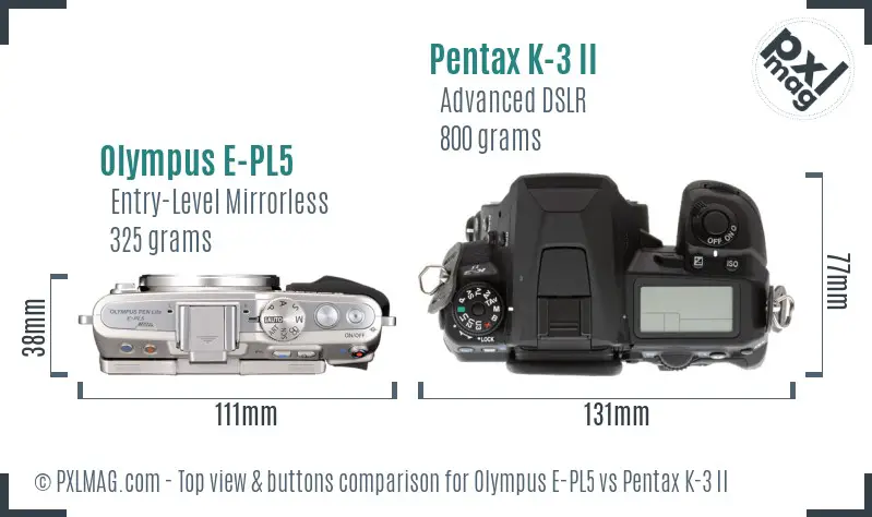 Olympus E-PL5 vs Pentax K-3 II top view buttons comparison
