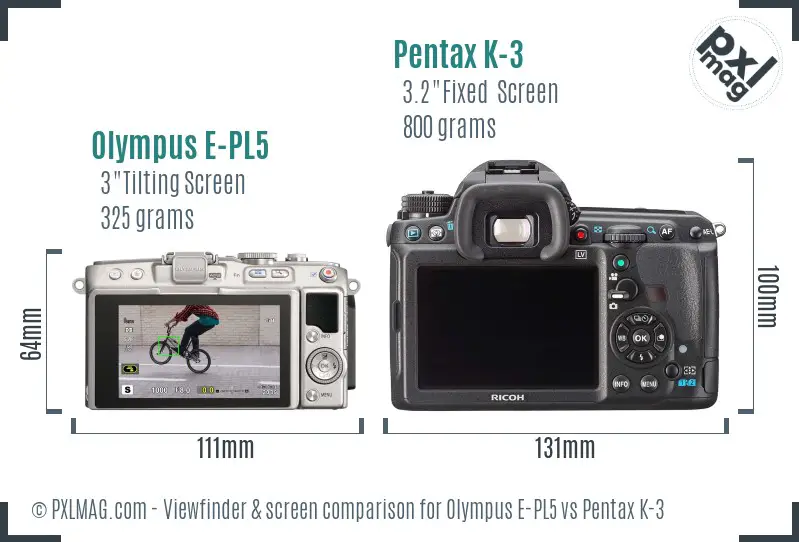 Olympus E-PL5 vs Pentax K-3 Screen and Viewfinder comparison